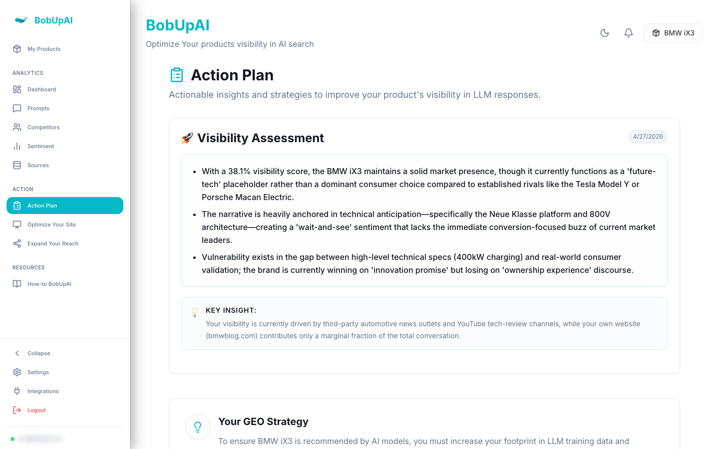 Action Plan page with Visibility Assessment, Key Insight, and GEO Strategy sections
