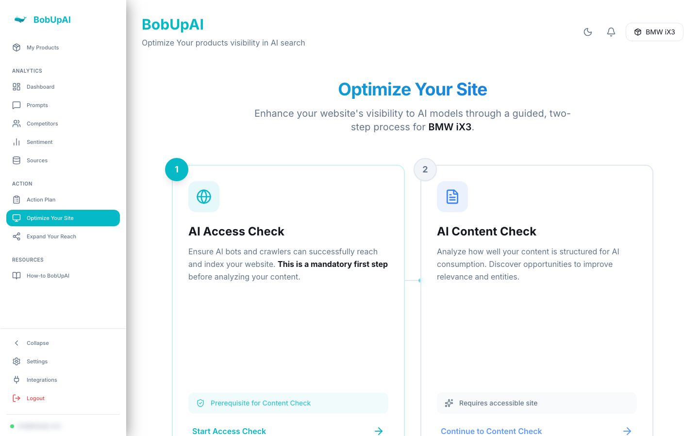 Optimize Your Site page with the two-step AI Access Check and AI Content Check workflow