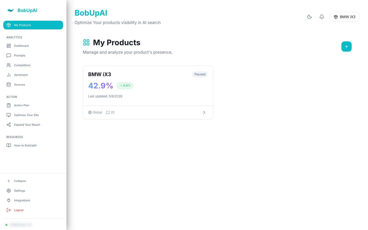 My Products dashboard with the BMW iX3 product card and the add-product button
